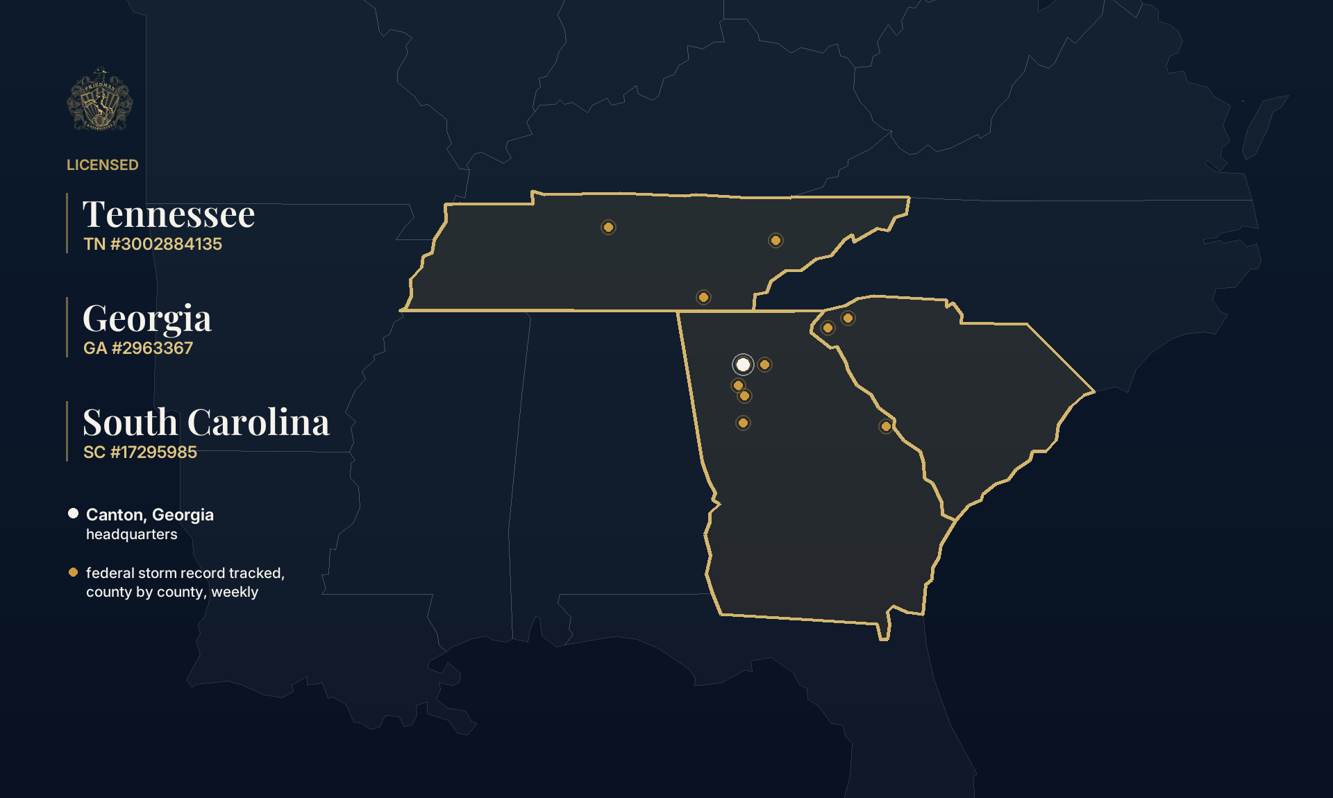 Licensure map: Georgia (GA #2963367), Tennessee (TN #3002884135), and South Carolina (SC #17295985), headquarters in Canton, Georgia, with the counties where the firm tracks the federal storm record